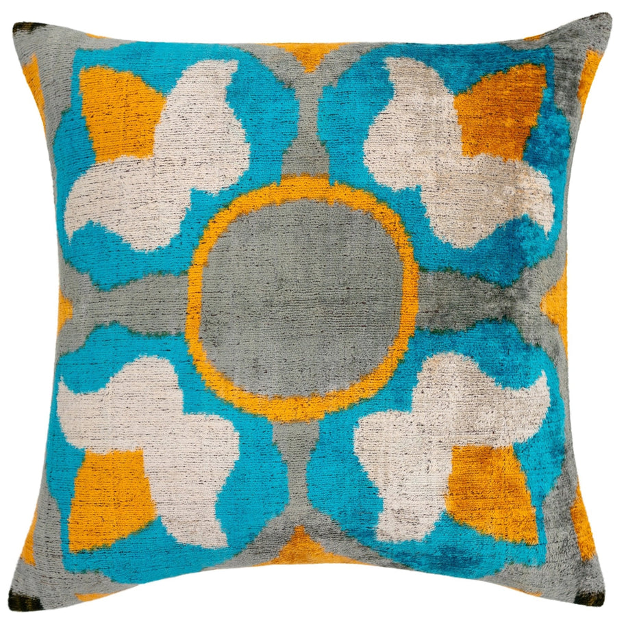 Handmade Velvet Throw Pillow With Blue, Yellow, And Gray Geometric Design - High-Quality 20x20 Inch Decorative Accent With Premium Down Feather Insert For Sofas, Couches, And Interior Design