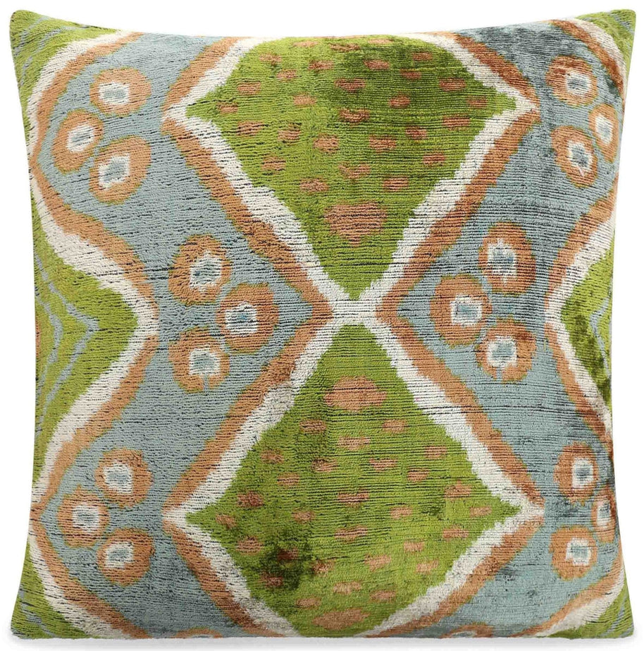 Handmade Velvet Throw Pillow With Green And Blue Geometric Ikat Design - High-Quality 20x20 Inch Decorative Accent With Premium Down Feather Insert