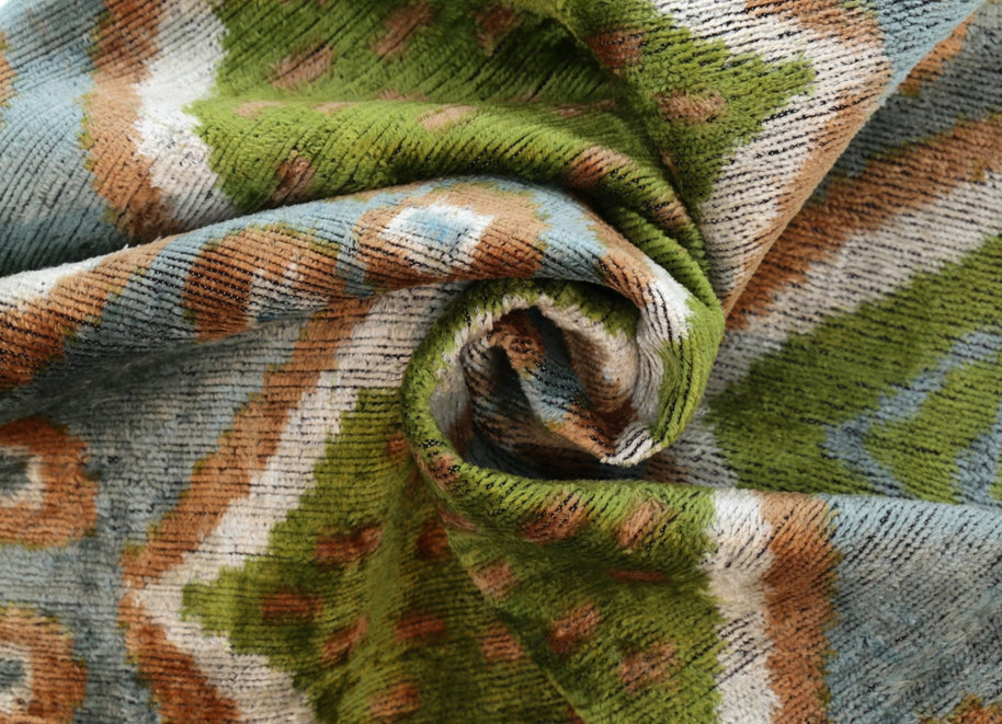 Handmade Velvet Throw Pillow With Green And Blue Geometric Ikat Design - High-Quality 20x20 Inch Decorative Accent With Premium Down Feather Insert