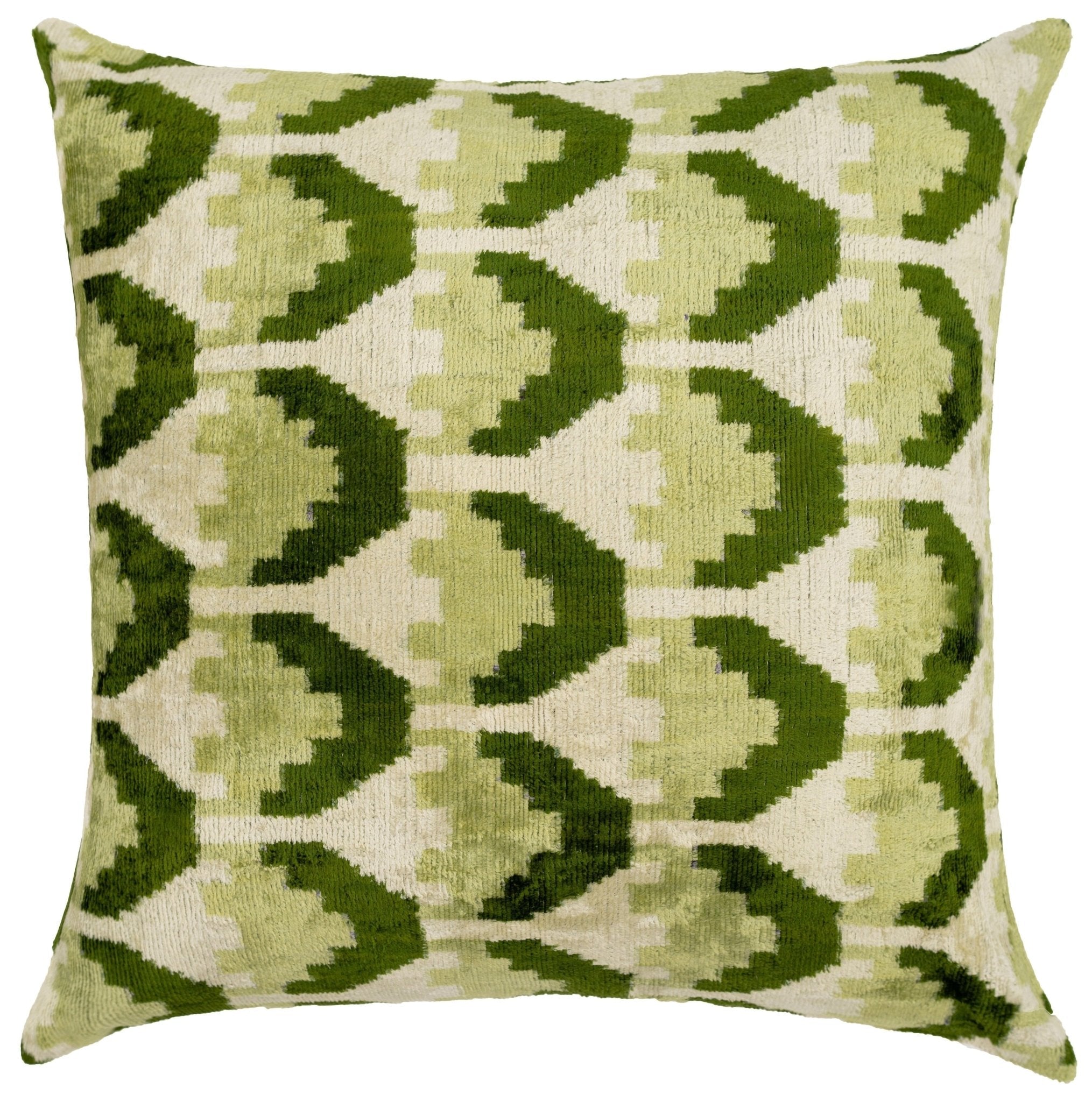 Handmade Velvet Throw Pillow With Green And Cream Geometric Design - High-Quality 20x20 Inch Decorative Accent With Premium Down Feather Insert