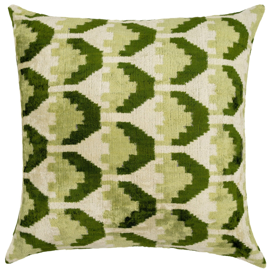 Handmade Velvet Throw Pillow With Green And Cream Geometric Design - High-Quality 20x20 Inch Decorative Accent With Premium Down Feather Insert
