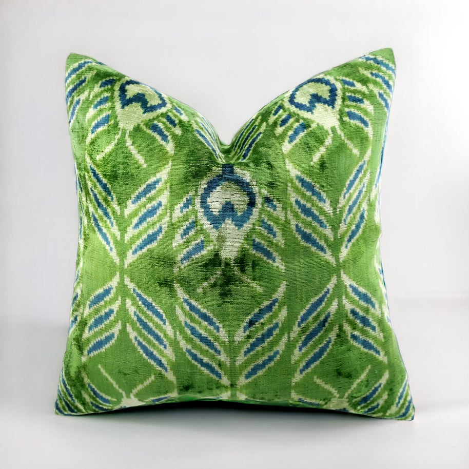 Handmade Velvet Throw Pillow With Green And Teal Ikat Design - High-Quality 20x20 Inch Decorative Accent With Premium Down Feather Insert