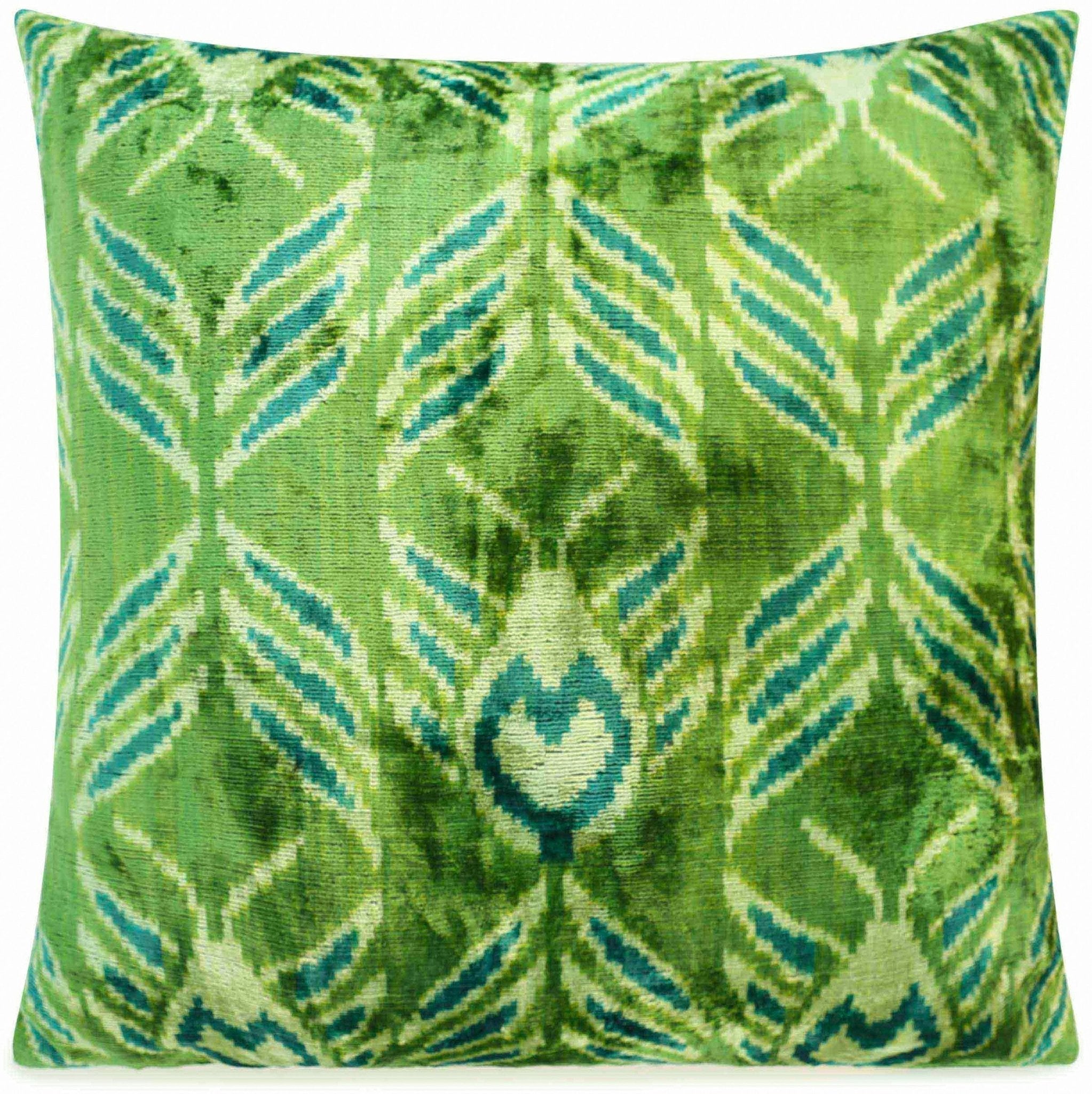 Handmade Velvet Throw Pillow With Green And Teal Ikat Design - High-Quality 20x20 Inch Decorative Accent With Premium Down Feather Insert