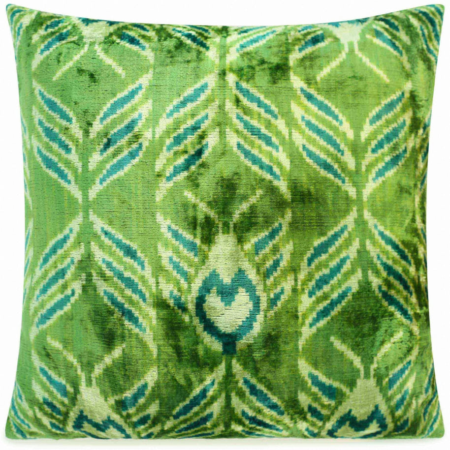 Handmade Velvet Throw Pillow With Green And Teal Ikat Design - High-Quality 20x20 Inch Decorative Accent With Premium Down Feather Insert