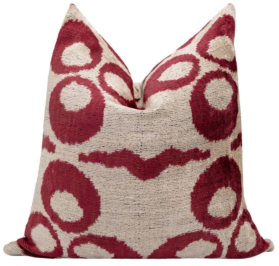 Handmade Velvet Throw Pillow With Red And Beige Geometric Design - High-Quality 20x20 Inch Decorative Accent With Premium Down Feather Insert