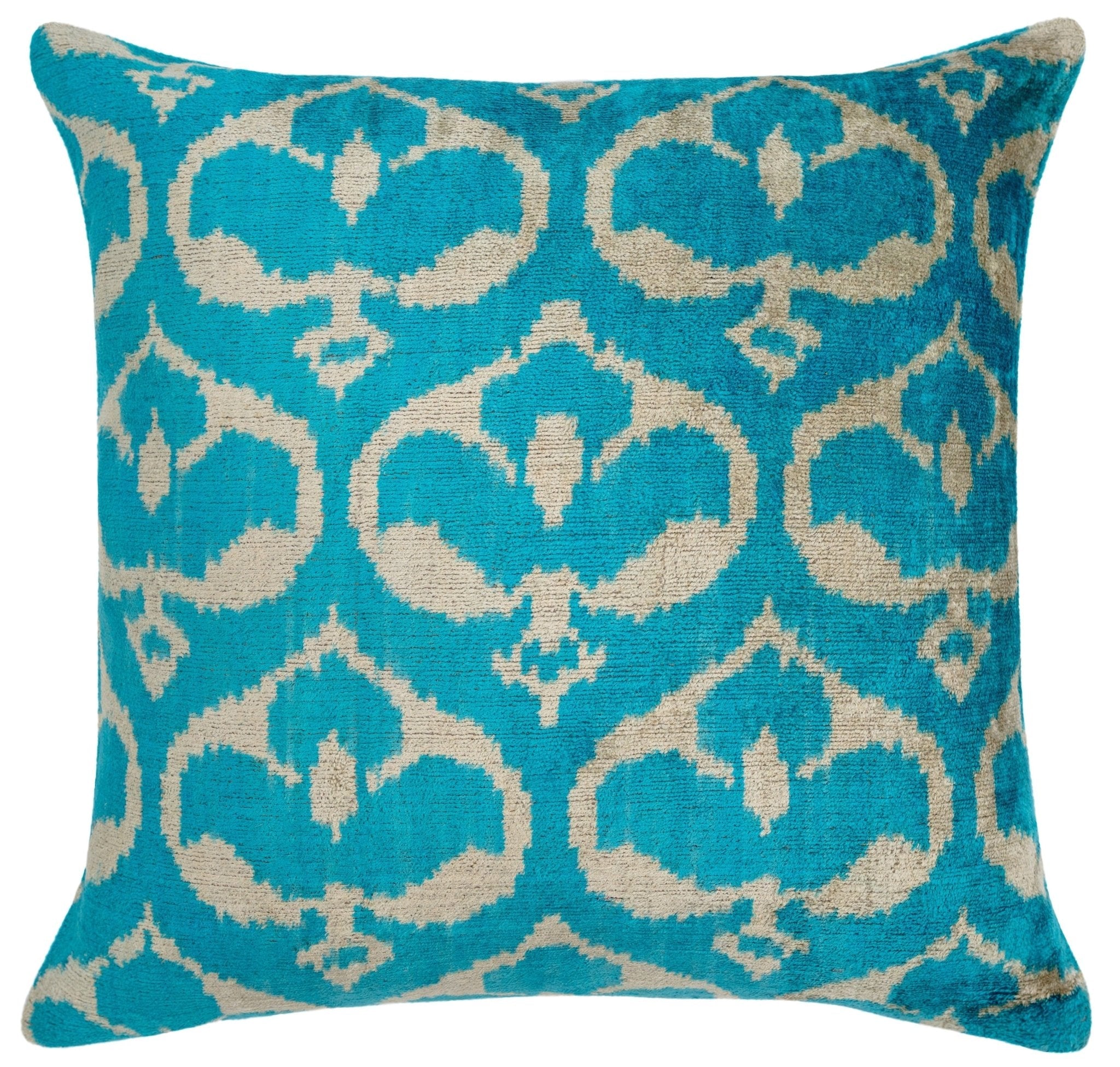 Handmade Velvet Throw Pillow With Turquoise And Beige Ikat Design - High-Quality 20x20 Inch Decorative Accent With Premium Down Feather Insert For Sofas, Couches, And Interior Design