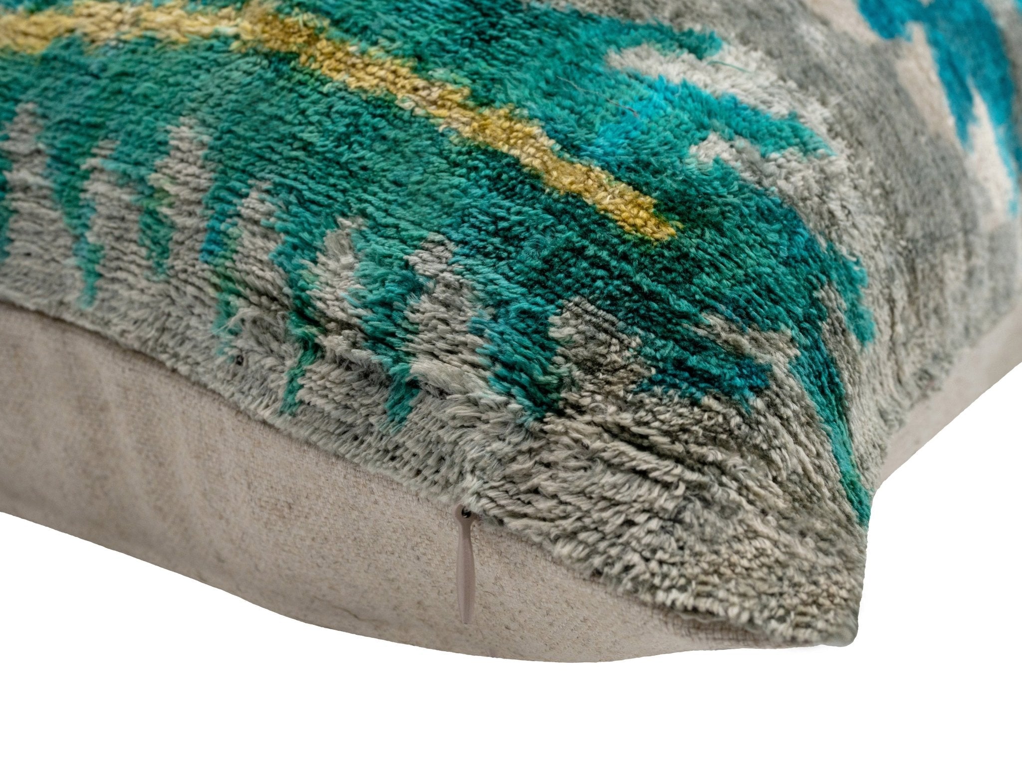 Handmade Velvet Throw Pillow With Turquoise And Yellow Ikat Design - High-Quality 20x20 Inch Decorative Accent With Premium Down Feather Insert