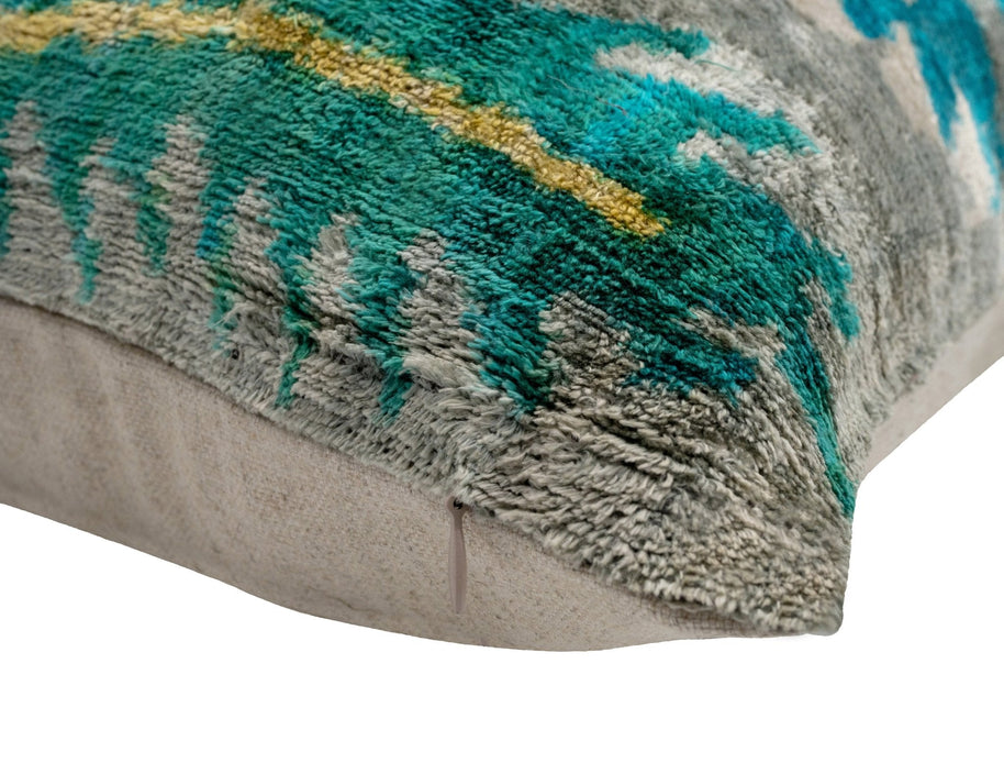 Handmade Velvet Throw Pillow With Turquoise And Yellow Ikat Design - High-Quality 20x20 Inch Decorative Accent With Premium Down Feather Insert
