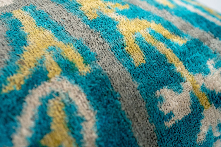 Handmade Velvet Throw Pillow With Turquoise And Yellow Ikat Design - High-Quality 20x20 Inch Decorative Accent With Premium Down Feather Insert