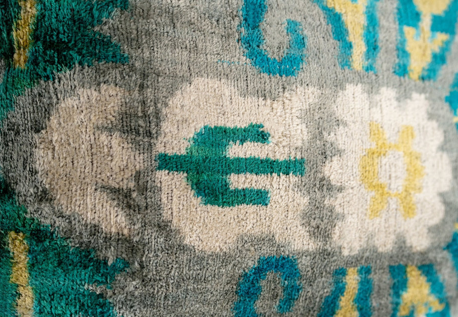 Handmade Velvet Throw Pillow With Turquoise And Yellow Ikat Design - High-Quality 20x20 Inch Decorative Accent With Premium Down Feather Insert