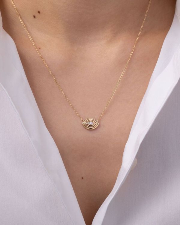 Zoe Lev 14K Gold Diamond Ribbed Evil Eye Necklace