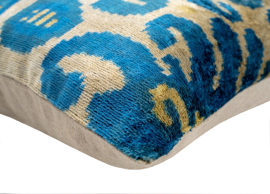 Luxurious 16x24 Handmade Ikat Silk Velvet Pillow With Premium Down Feather Insert By Canvello – Rich Blue And Gold Motifs