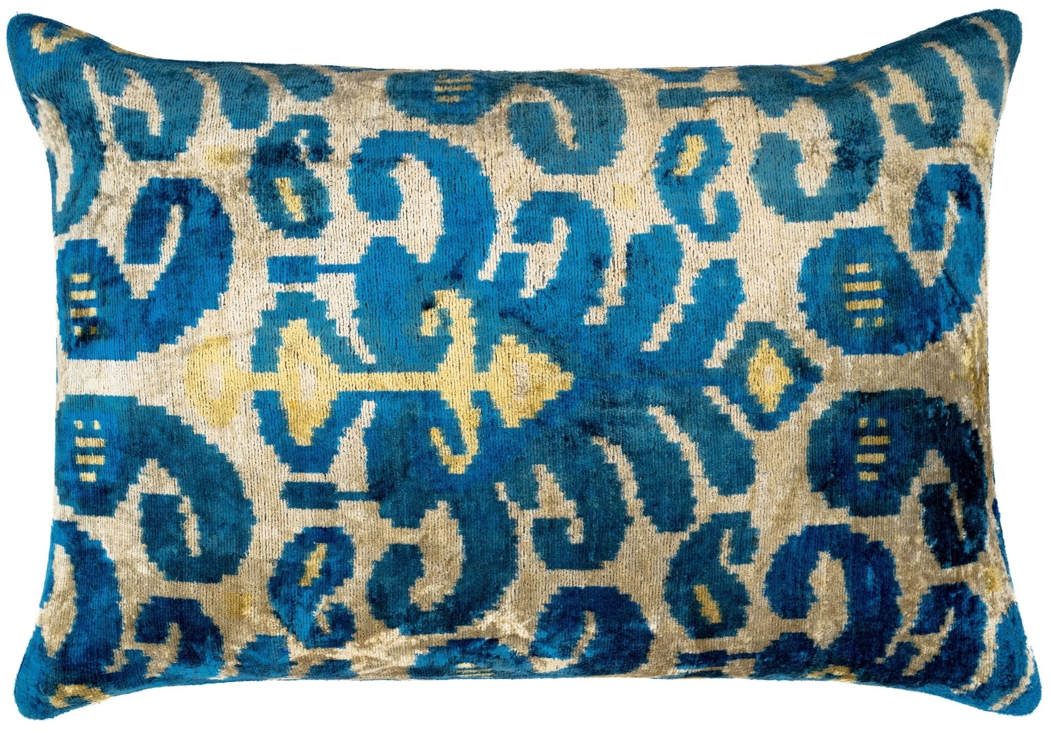 Luxurious 16x24 Handmade Ikat Silk Velvet Pillow With Premium Down Feather Insert By Canvello – Rich Blue And Gold Motifs