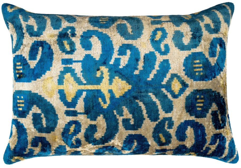 Luxurious 16x24 Handmade Ikat Silk Velvet Pillow With Premium Down Feather Insert By Canvello – Rich Blue And Gold Motifs