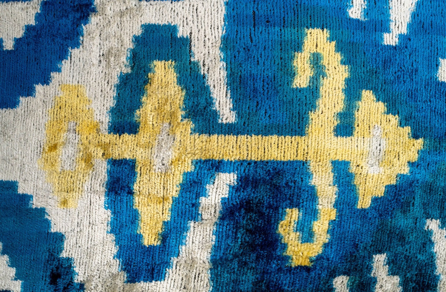Luxurious 16x24 Handmade Ikat Silk Velvet Pillow With Premium Down Feather Insert By Canvello – Rich Blue And Gold Motifs