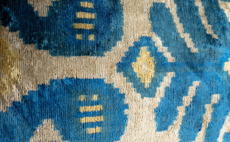 Luxurious 16x24 Handmade Ikat Silk Velvet Pillow With Premium Down Feather Insert By Canvello – Rich Blue And Gold Motifs