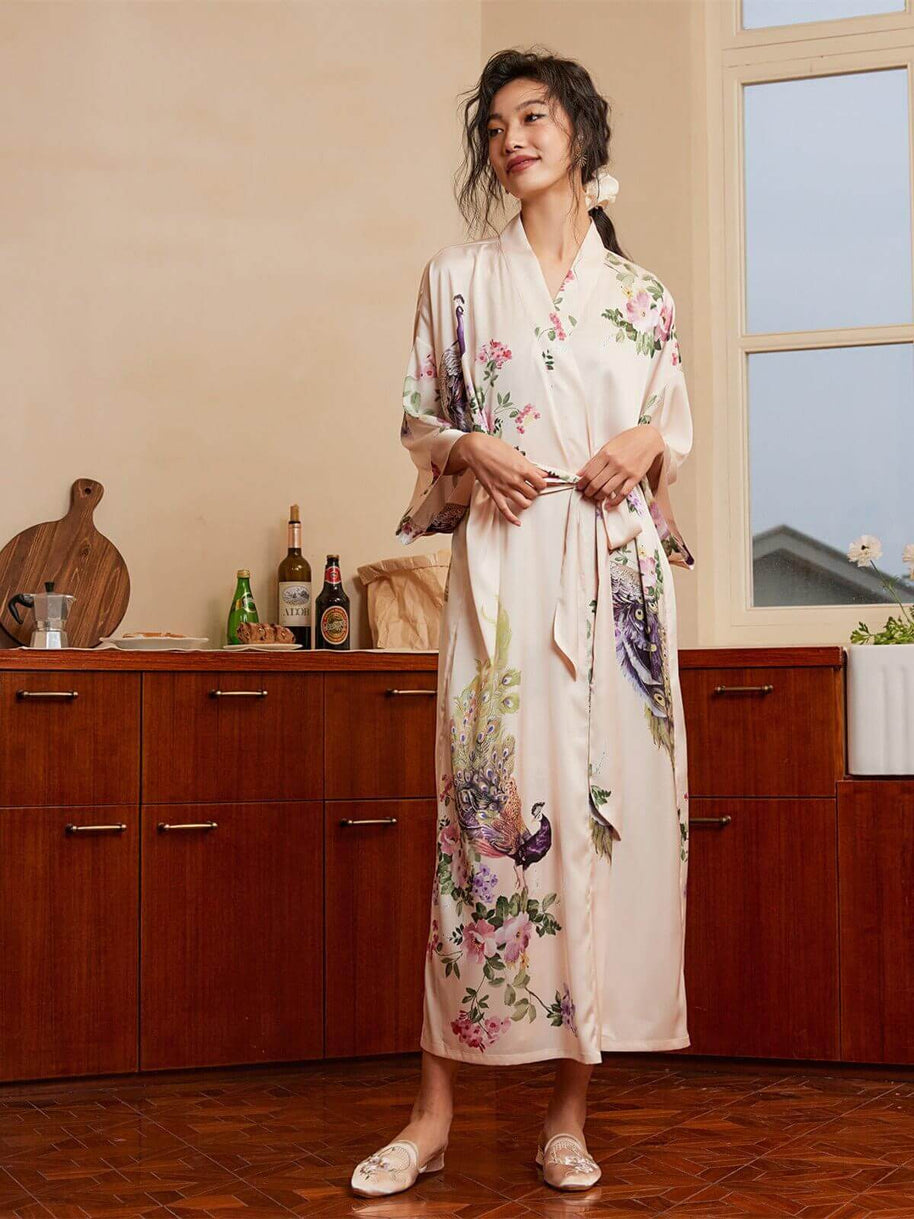 Ulivary Peacock Beige Kimono Robe