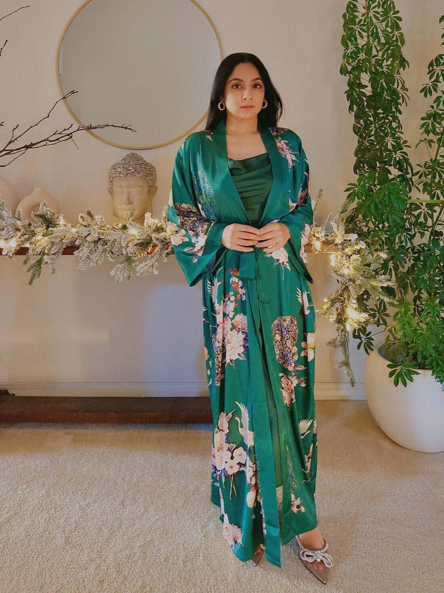 Ulivary Garden Crane Green Kimono Robe
