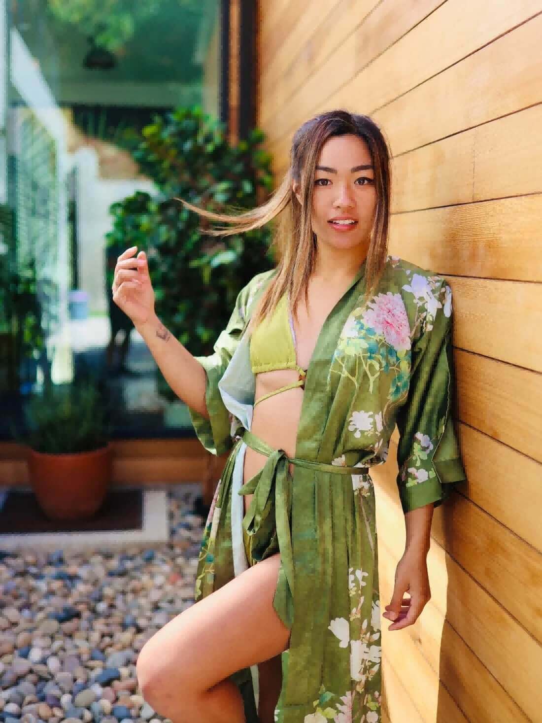 Ulivary Floral Olive Kimono Robe