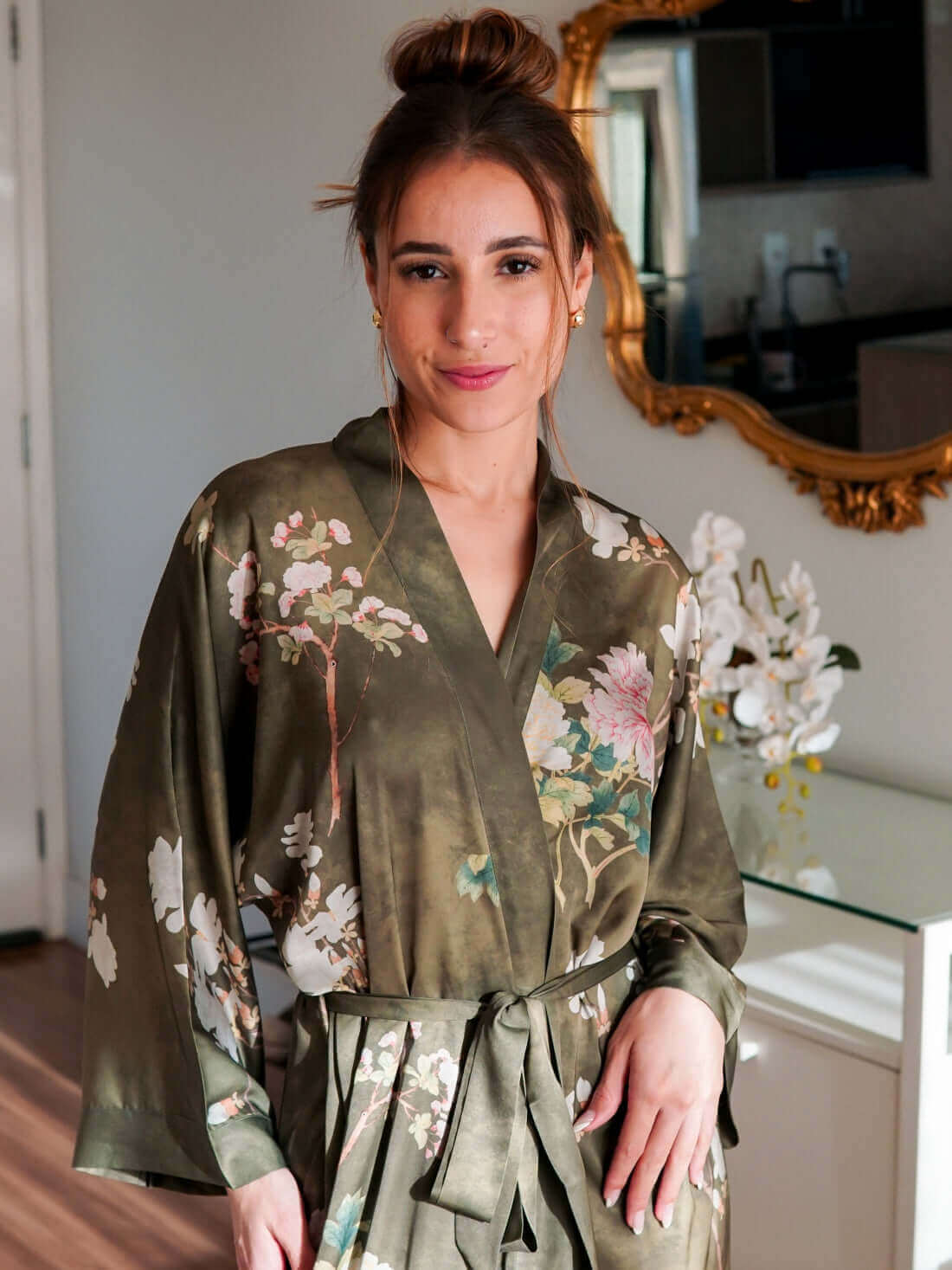 Ulivary Floral Olive Kimono Robe