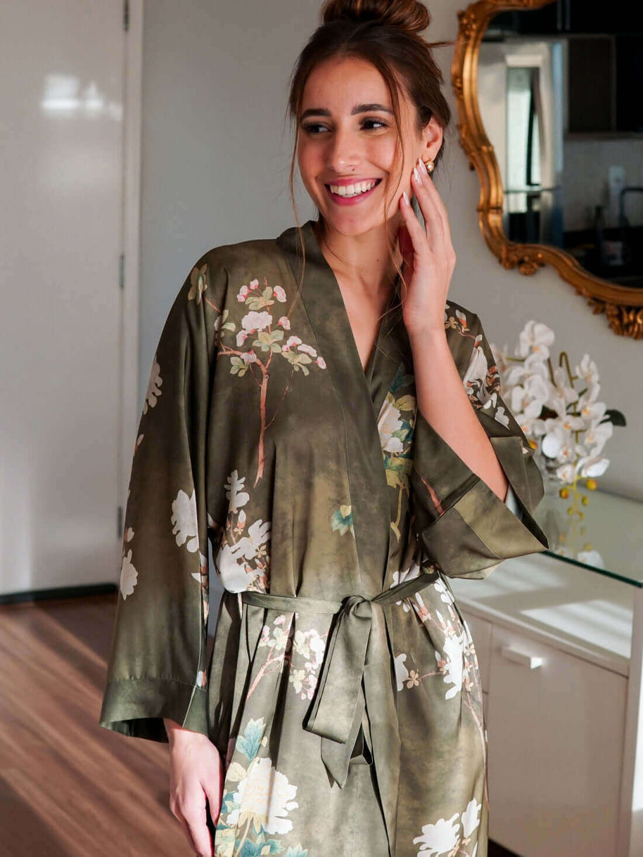 Ulivary Floral Olive Kimono Robe