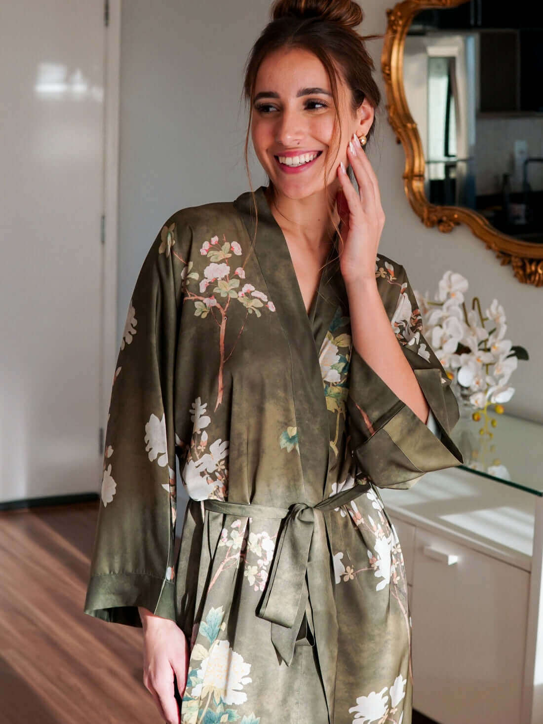 Ulivary Floral Olive Kimono Robe