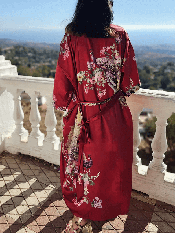Ulivary Peacock Red Kimono Robe