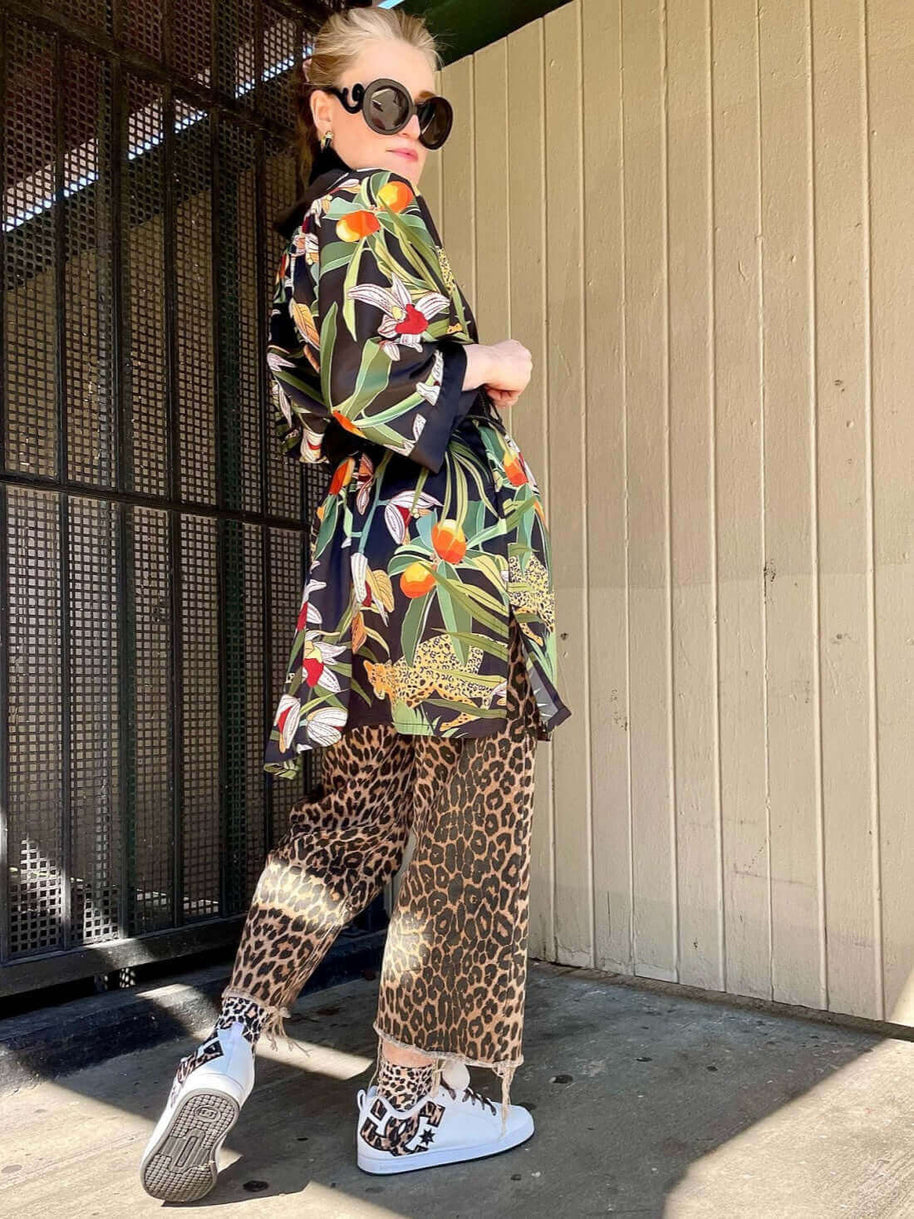 Ulivary Short Kimono Robe Black Leopard