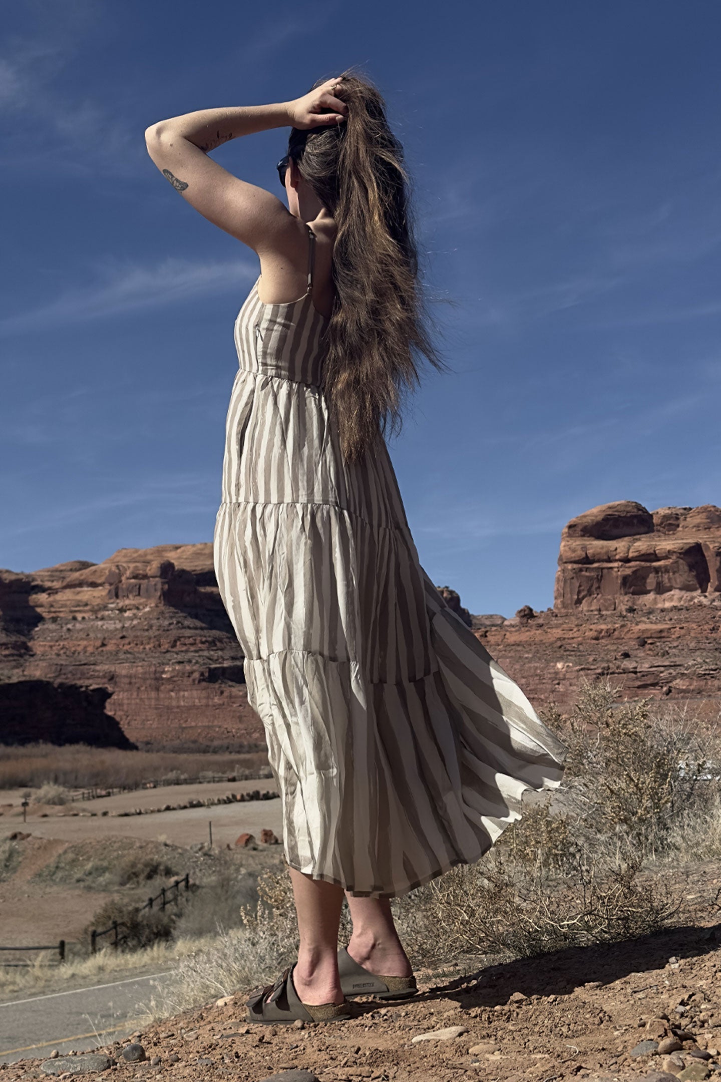 Reistor Strappy Tiered Maxi Dress in Beige Stripes