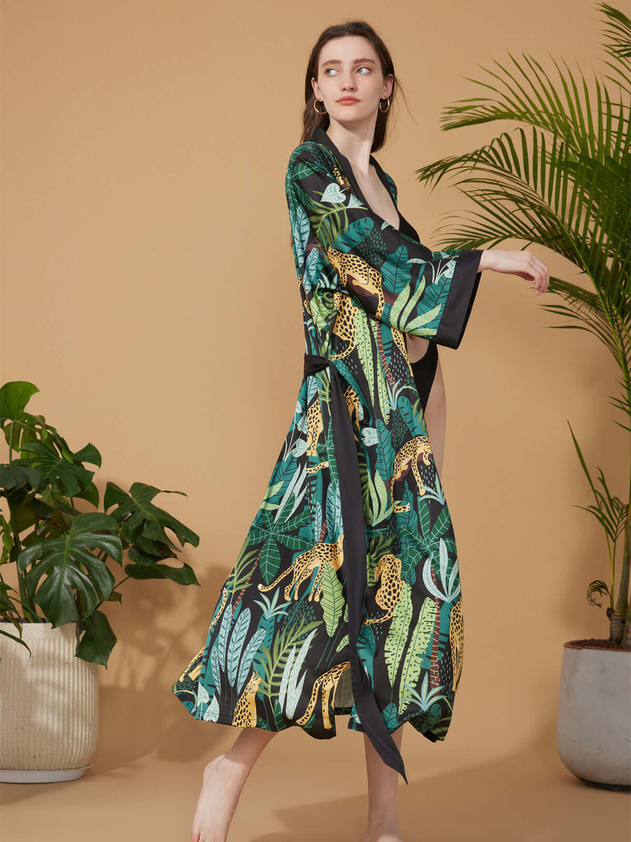 Ulivary Black Leopard Kimono Robe