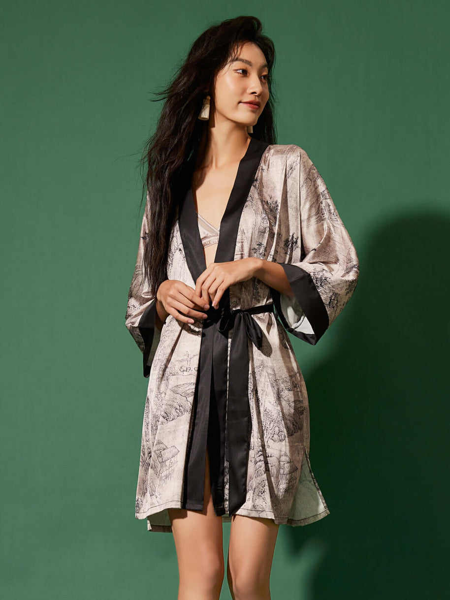 Ulivary Short Kimono Robe Ink Painting