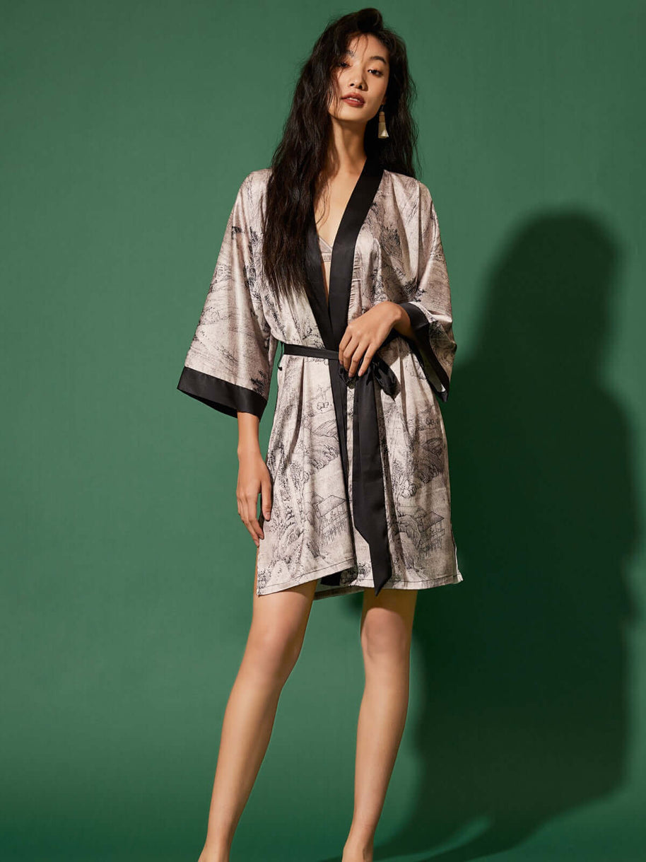 Ulivary Short Kimono Robe Ink Painting