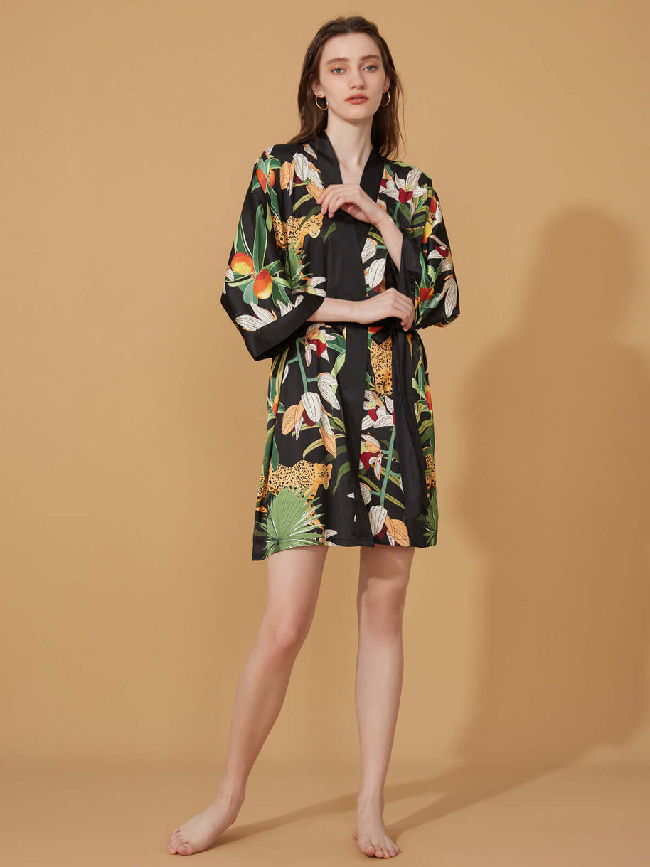 Ulivary Short Kimono Robe Black Leopard