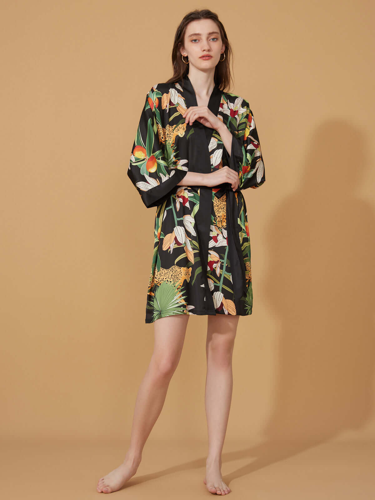 Ulivary Short Kimono Robe Black Leopard