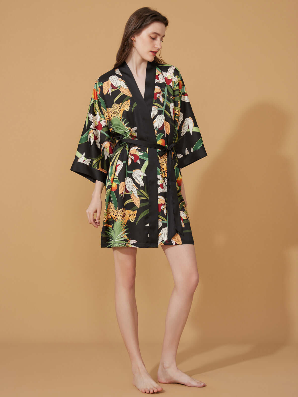 Ulivary Short Kimono Robe Black Leopard