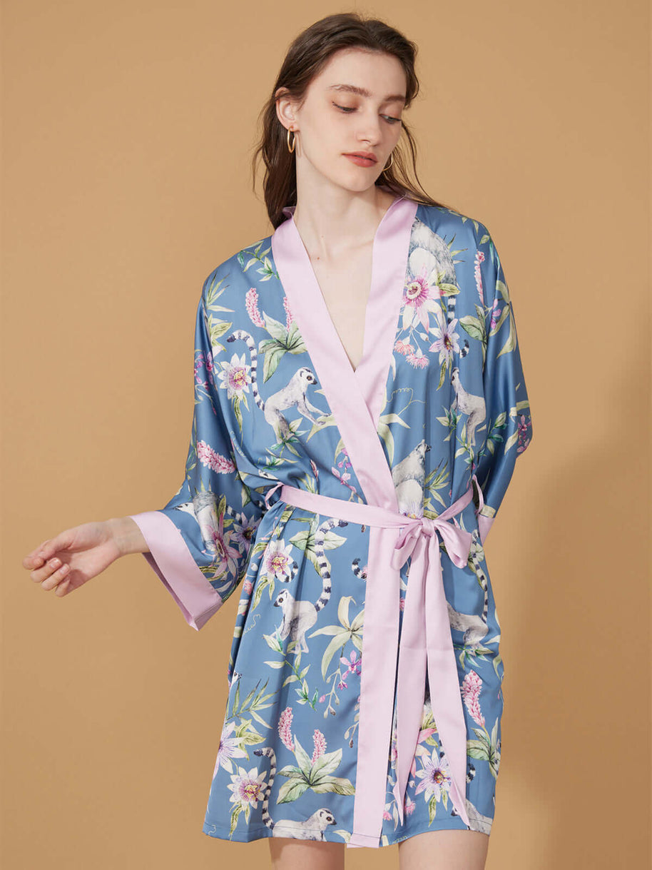 Ulivary Short Kimono Robe Blue Forest
