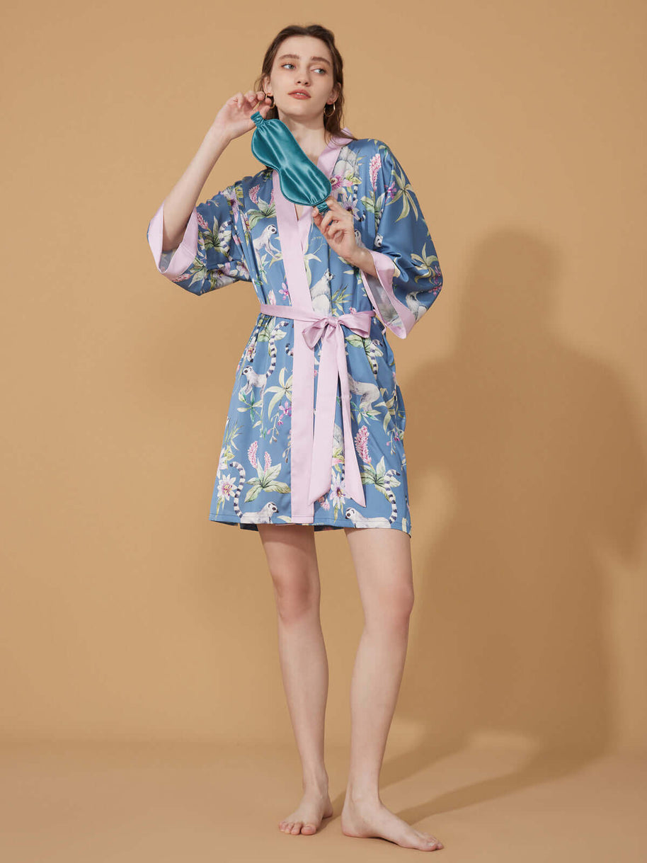 Ulivary Short Kimono Robe Blue Forest