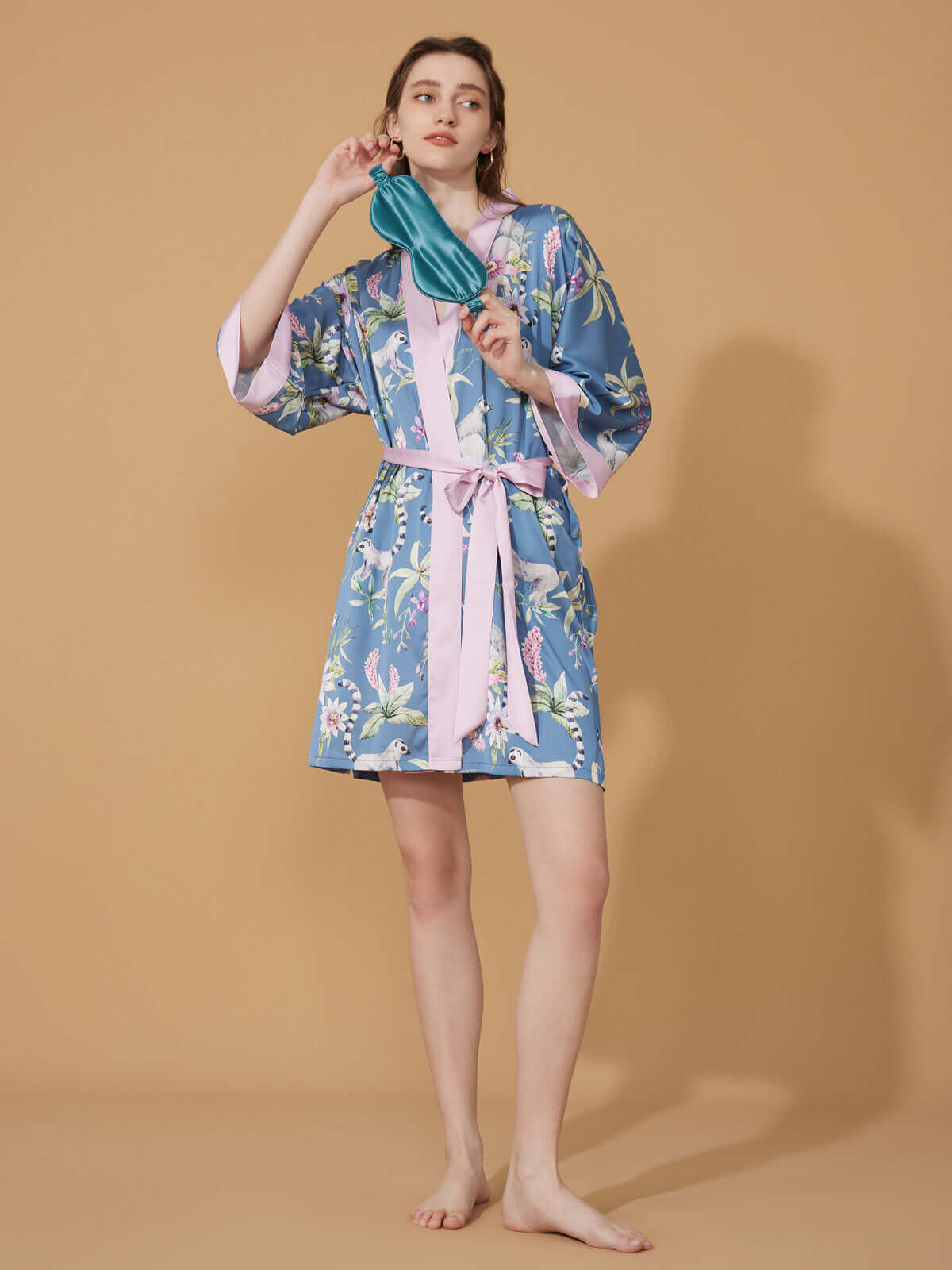 Ulivary Short Kimono Robe Blue Forest