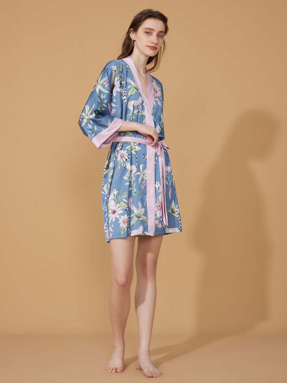 Ulivary Short Kimono Robe Blue Forest