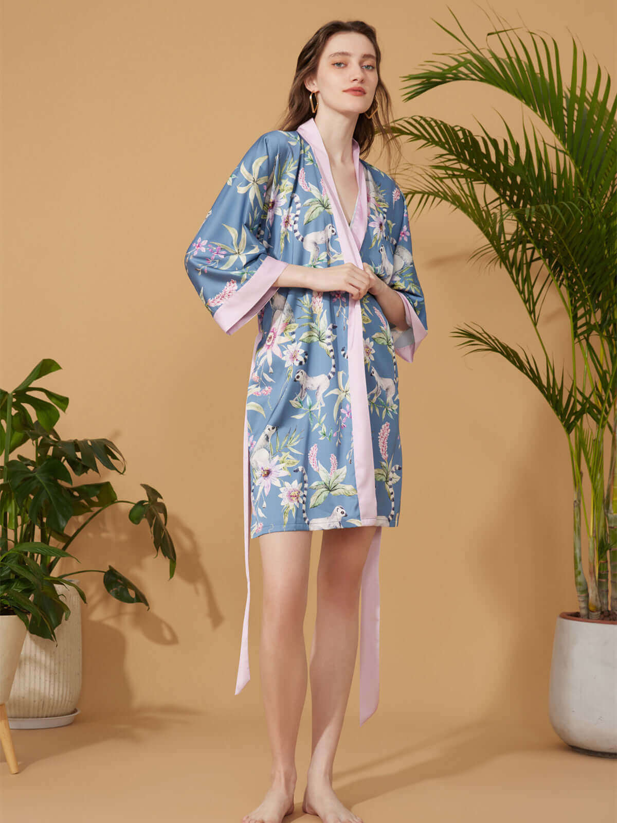 Ulivary Short Kimono Robe Blue Forest