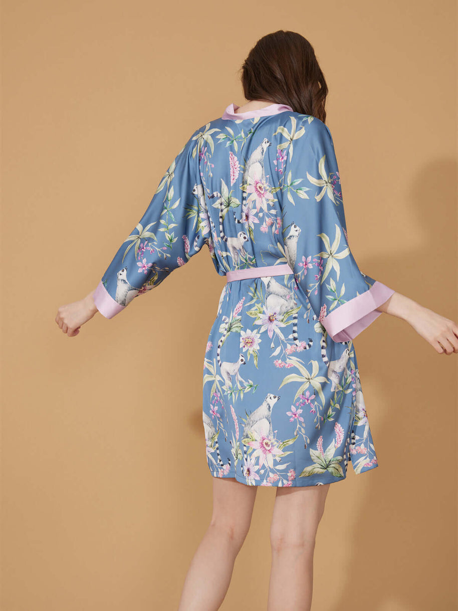 Ulivary Short Kimono Robe Blue Forest