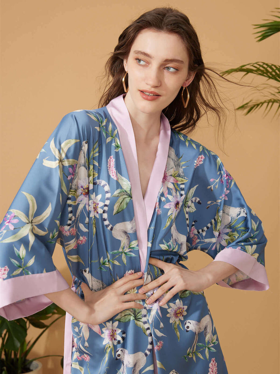 Ulivary Short Kimono Robe Blue Forest