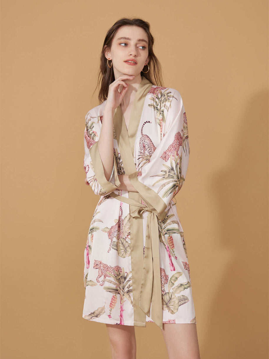 Ulivary Short Kimono Robe Olive Leopard