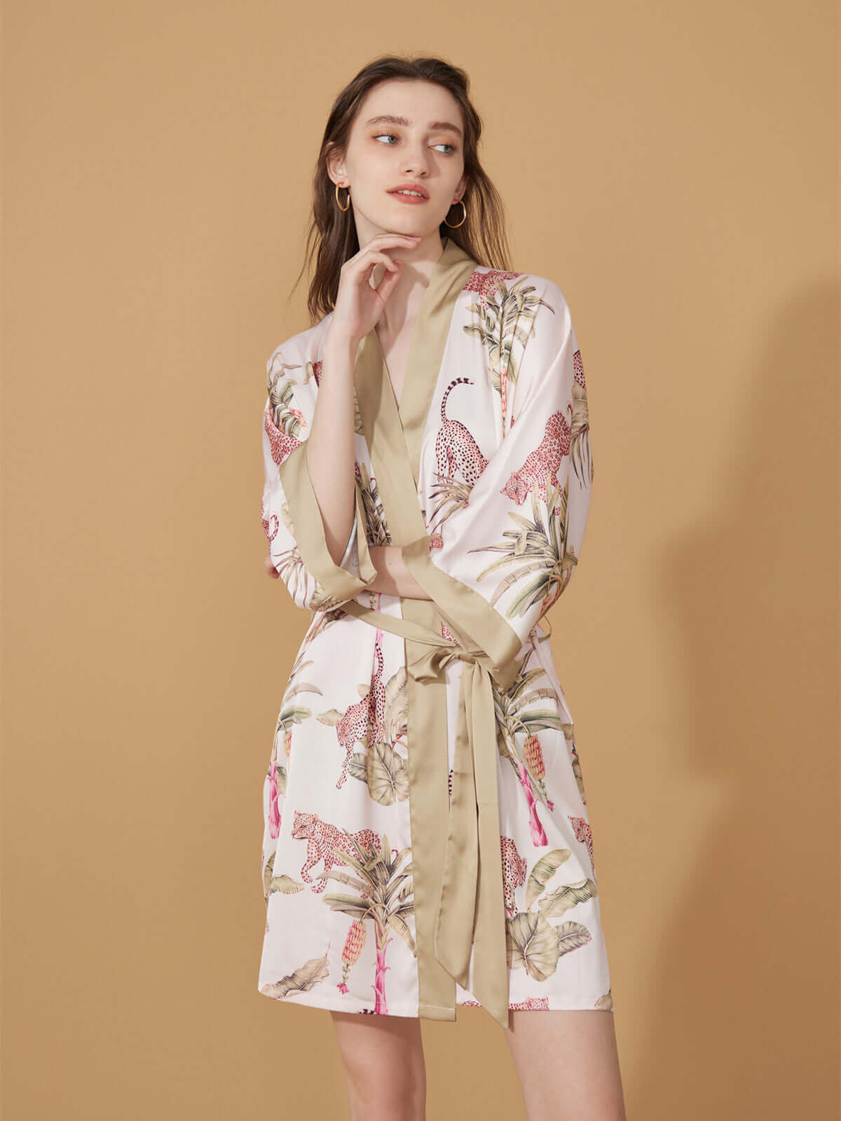 Ulivary Short Kimono Robe Olive Leopard