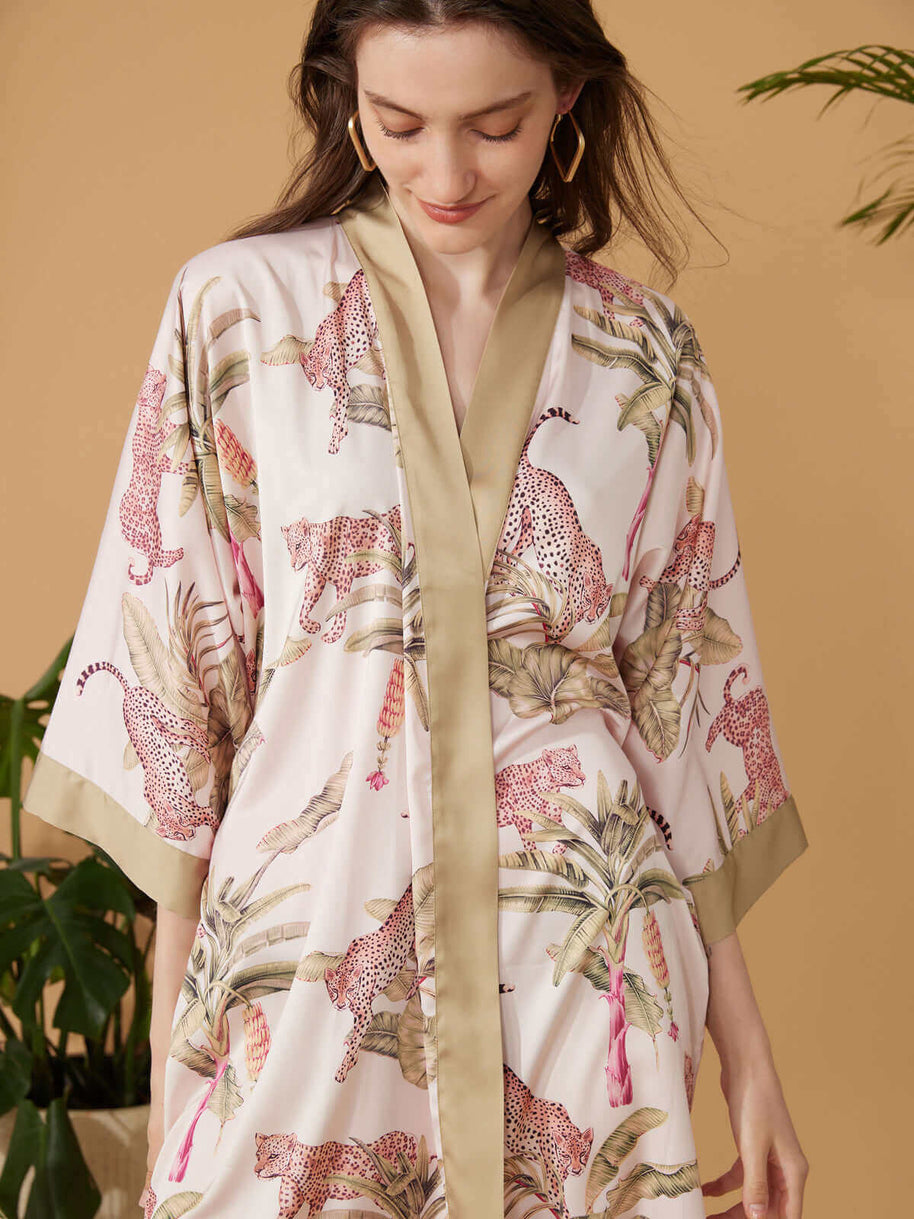 Ulivary Short Kimono Robe Olive Leopard