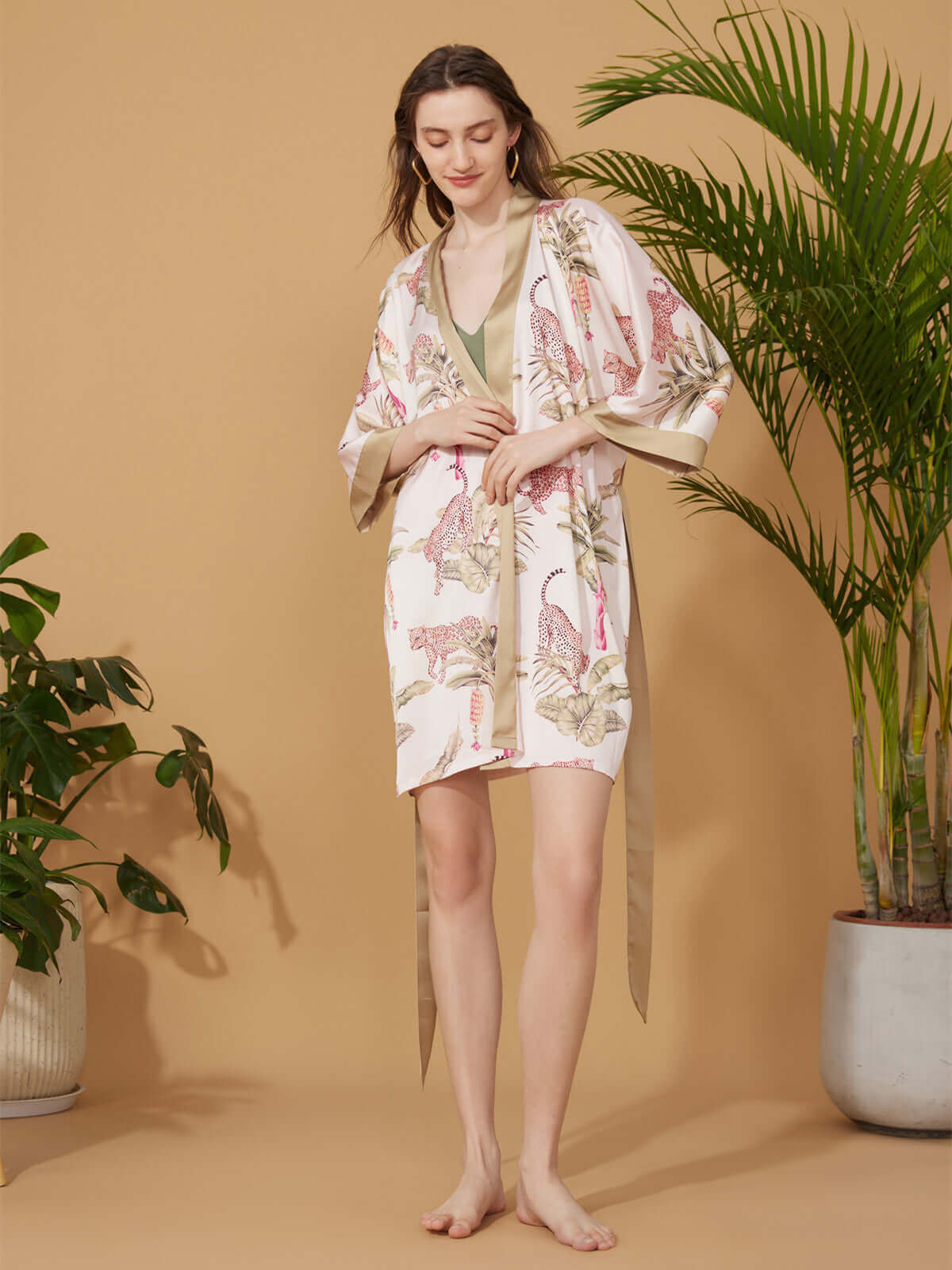 Ulivary Short Kimono Robe Olive Leopard