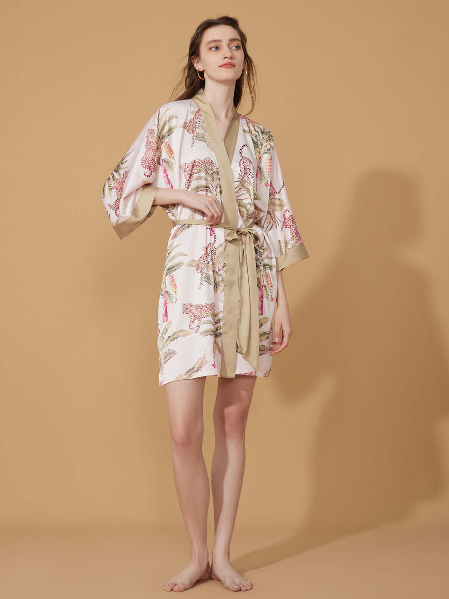 Ulivary Short Kimono Robe Olive Leopard