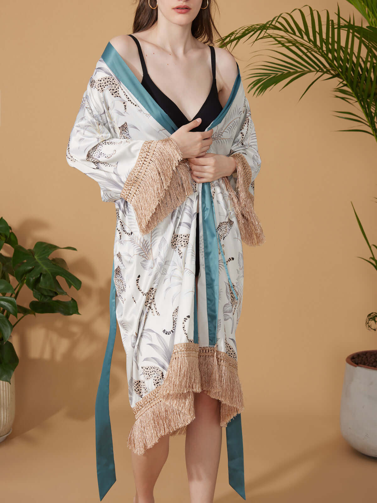 Ulivary Tassels Leopard Kimono Robe