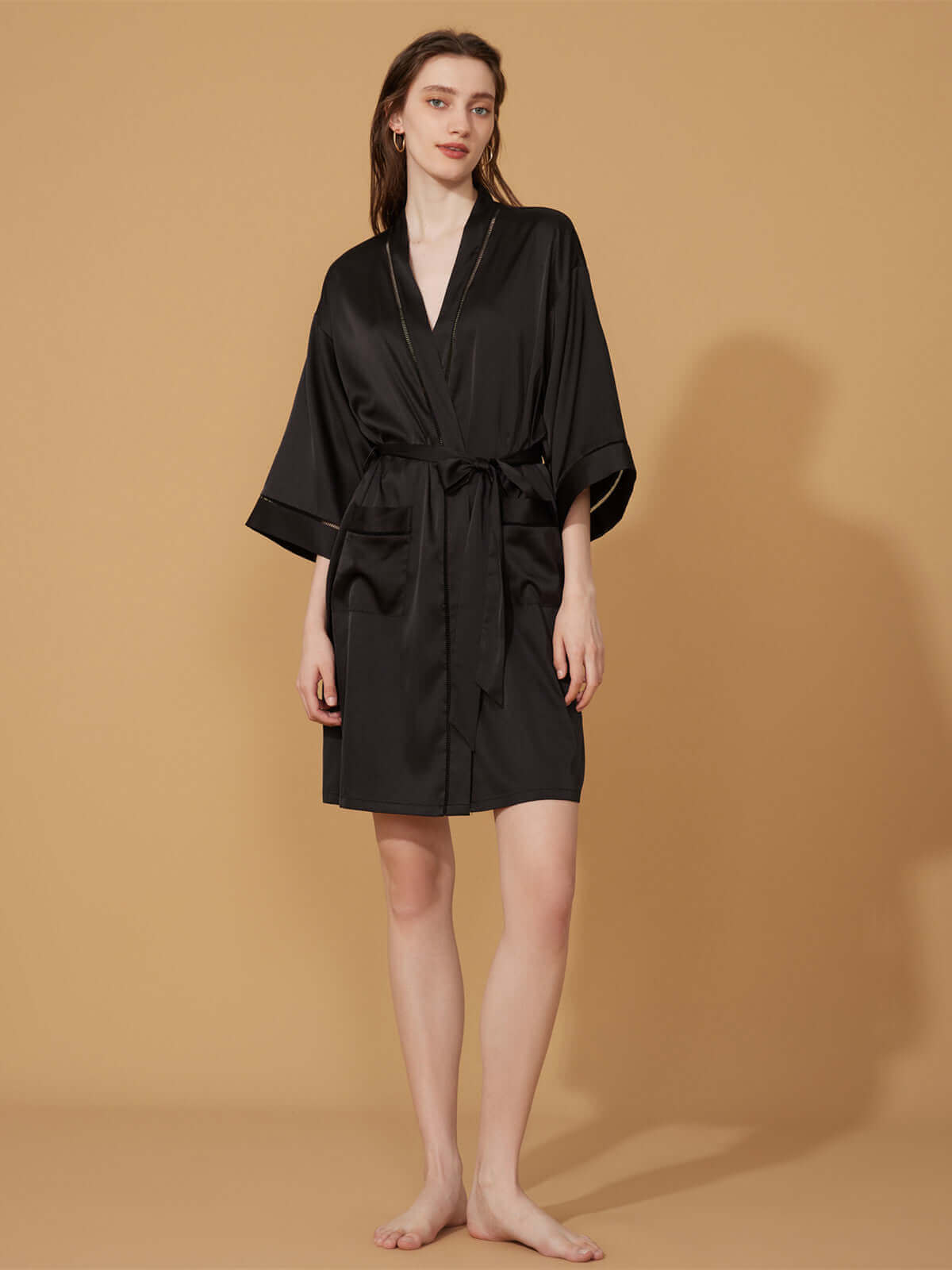 Ulivary Elegant Hollow Out Detail Short Robe With Pockets