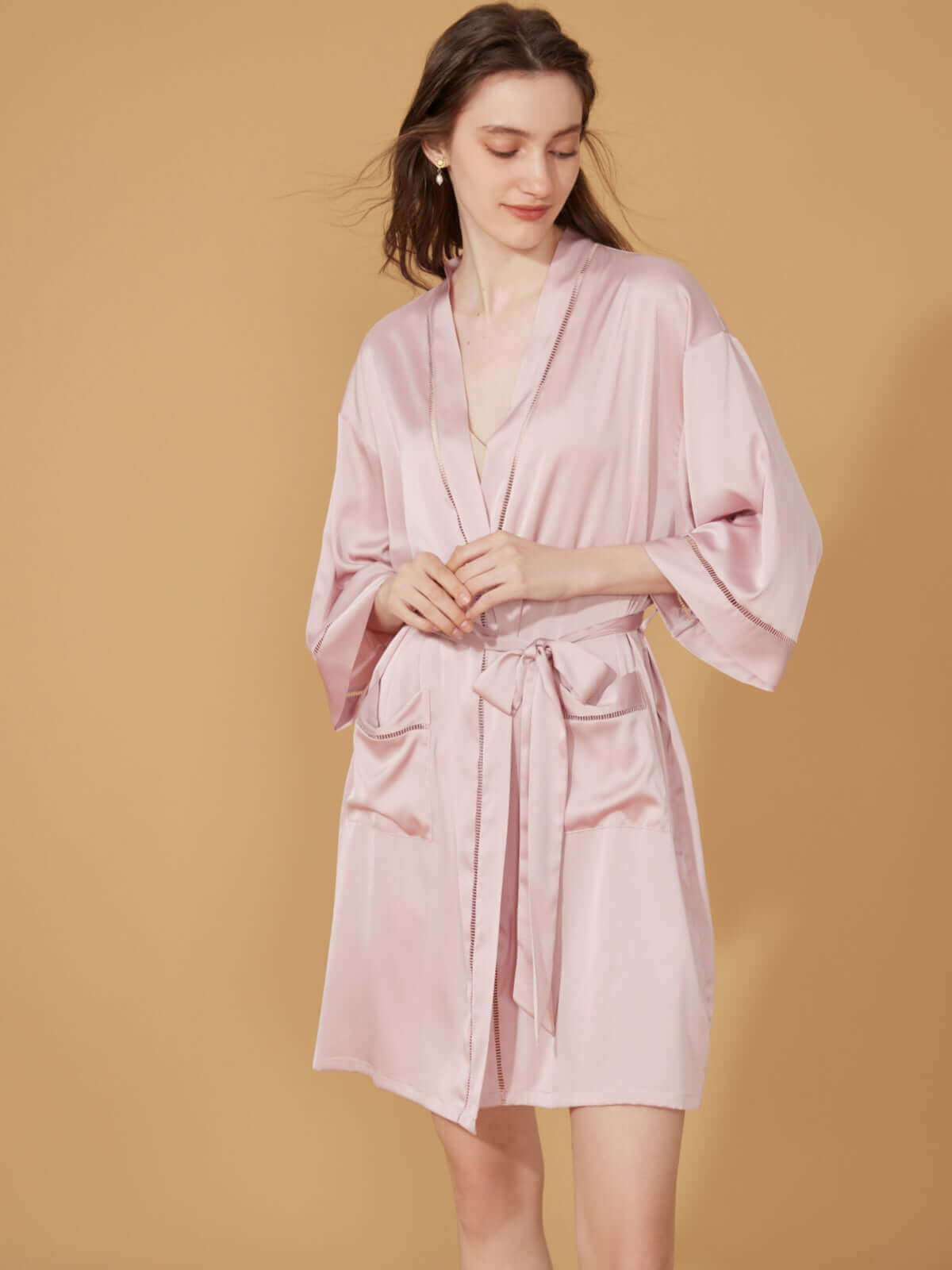 Ulivary Elegant Hollow Out Detail Short Robe With Pockets